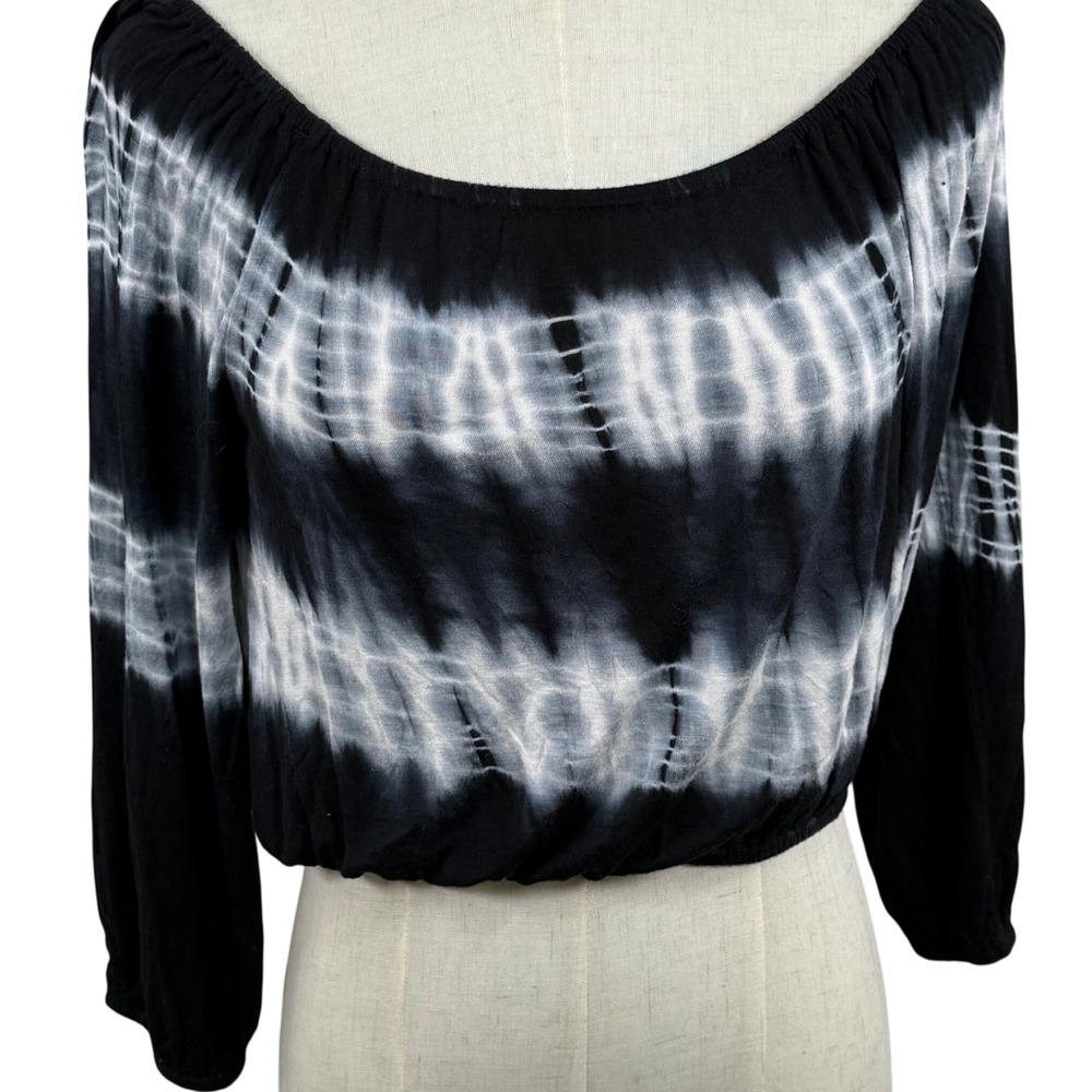 Forever‎ 21 Black White Tie Dye Off Shoulder Crop Top Long Sleeve Blouse Medium